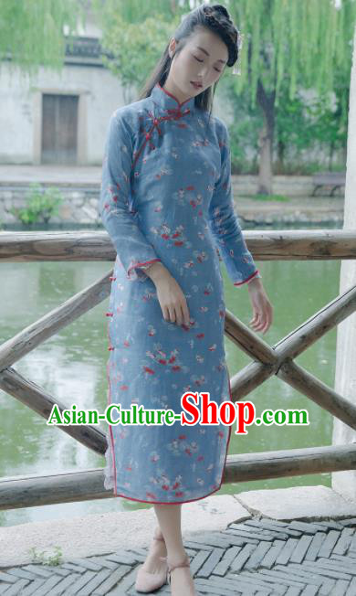 Chinese Traditional Costumes National Blue Qipao Dress Classical Cheongsam for Women