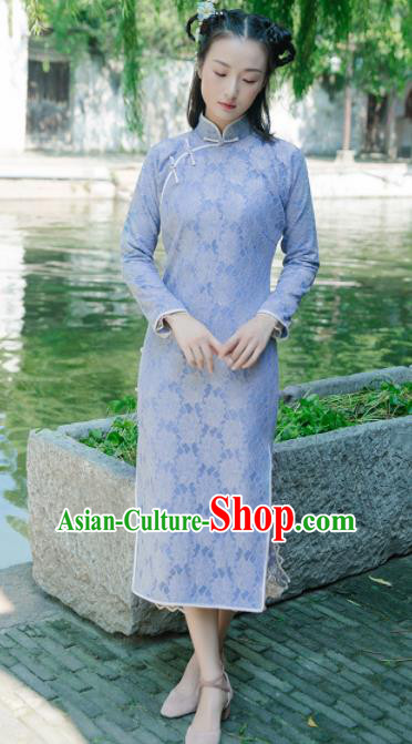 Chinese Traditional Costumes National Light Blue Qipao Dress Classical Cheongsam for Women