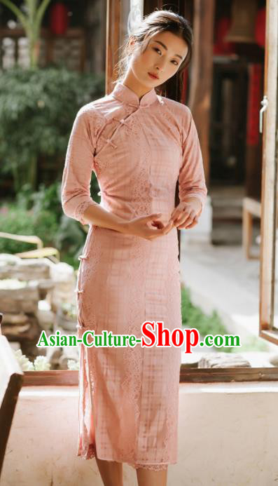 Chinese Traditional Tang Suit Costumes National Pink Qipao Dress Classical Cheongsam for Women