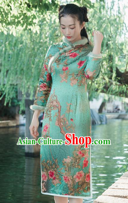 Chinese Traditional Costumes National Qipao Dress Mink Wool Green Cheongsam for Women