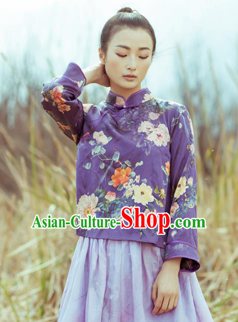 Chinese Traditional Costumes National Tang Suit Purple Blouse Qipao Upper Outer Garment for Women