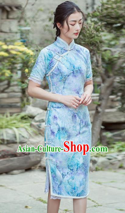 Chinese Traditional Costumes National Tang Suit Blue Qipao Dress Classical Cheongsam for Women