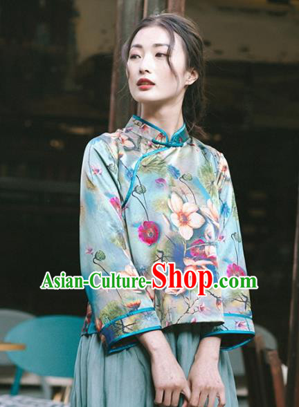 Chinese Traditional Costumes National Tang Suit Printing Green Silk Blouse Qipao Upper Outer Garment for Women