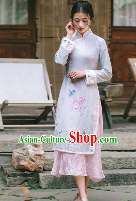 Chinese Traditional Costumes National Embroidered Lotus Qipao Dress Tang Suit Cheongsam for Women