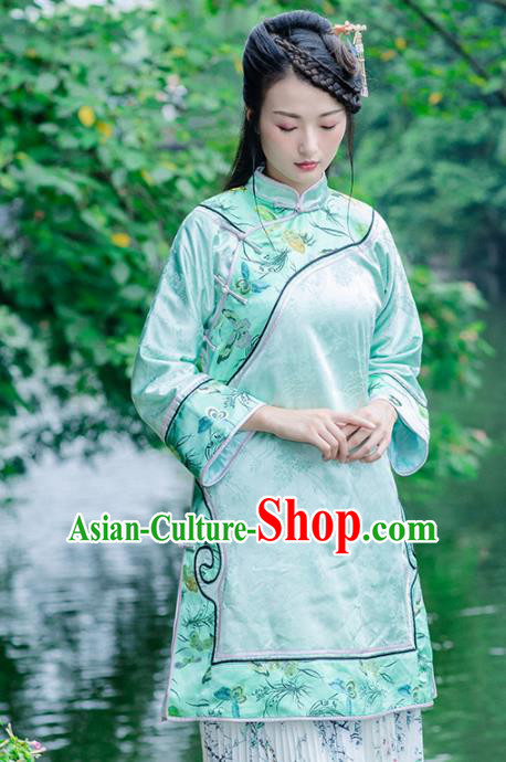 Chinese Traditional Costumes National Upper Outer Garment Green Silk Qipao Coat for Women