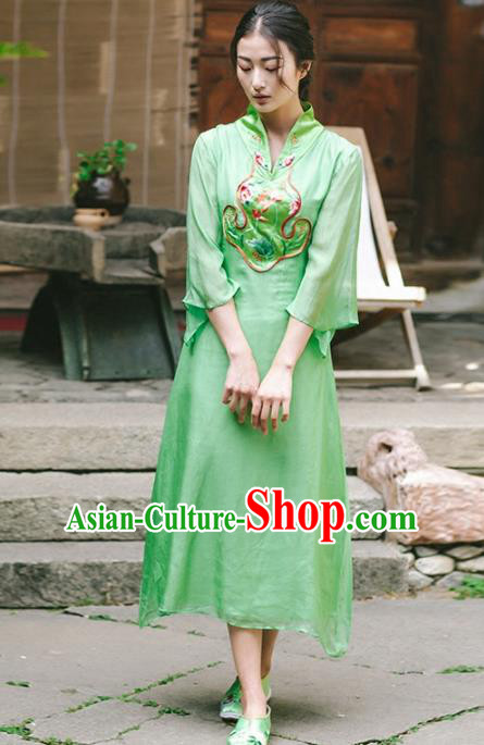 Chinese Traditional Costumes National Embroidered Green Qipao Dress Tang Suit Cheongsam for Women