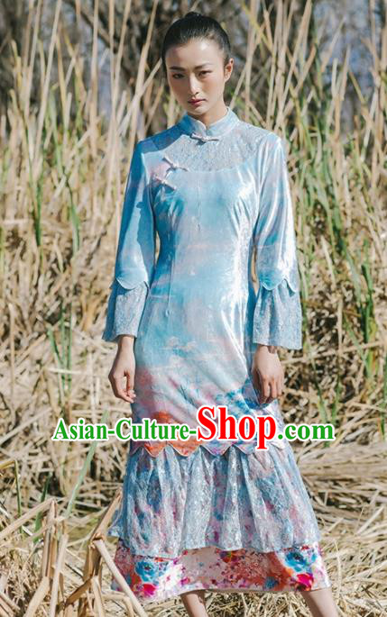 Chinese Traditional Costumes National Blue Velvet Qipao Dress Tang Suit Cheongsam for Women