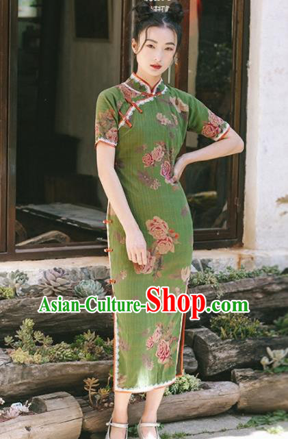 Chinese Traditional Costumes National Green Qipao Dress Tang Suit Cheongsam for Women