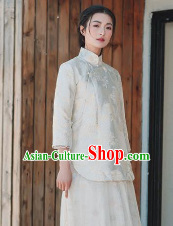 Chinese Traditional Costumes National White Silk Blouse Tang Suit Qipao Upper Outer Garment for Women