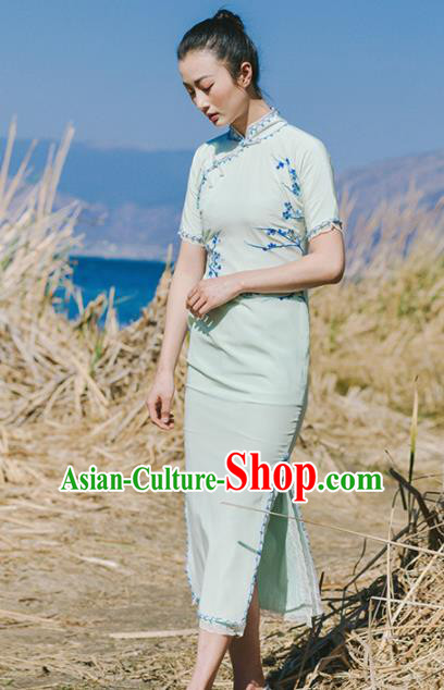 Chinese Traditional Costumes National Embroidered Green Qipao Dress Tang Suit Cheongsam for Women