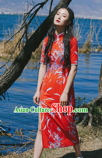 Chinese Traditional Costumes National Red Qipao Dress Tang Suit Cheongsam for Women
