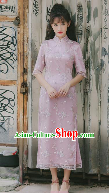 Chinese National Pink Qipao Dress Traditional Costumes Tang Suit Cheongsam for Women