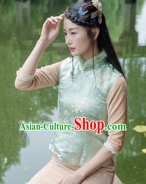 Chinese Traditional Costumes National Tang Suit Green Silk Qipao Vests for Women