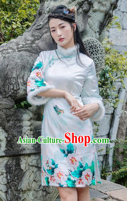 Chinese Traditional Costumes National Qipao Dress Mink Wool Silk Cheongsam for Women