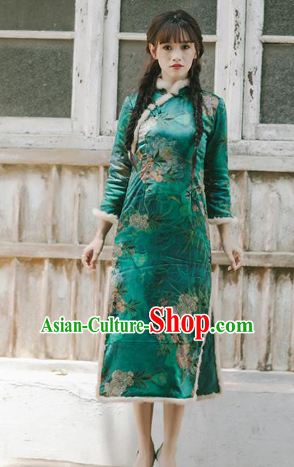 Chinese National Green Qipao Dress Traditional Mink Wool Costumes Tang Suit Cheongsam for Women