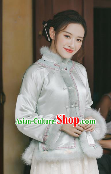 Chinese Traditional Costumes National Upper Outer Garment White Qipao Cotton Wadded Jacket for Women