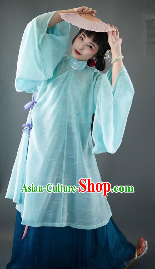 Chinese Traditional Ancient Ming Dynasty Historical Costumes Green Blouse and Navy Skirt Complete Set for Women