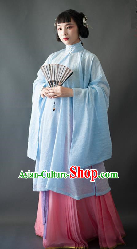 Chinese Traditional Ancient Ming Dynasty Historical Costumes Blue Blouse and Pink Skirt Complete Set for Women