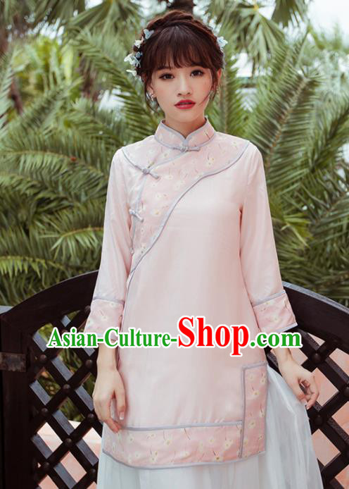 Chinese Traditional Costumes National Pink Qipao Blouse Tang Suit Upper Outer Garment for Women