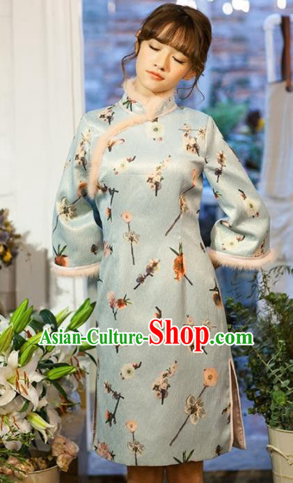 Chinese National Costumes Green Silk Qipao Dress Traditional Tang Suit Winter Cheongsam for Women