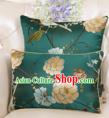 Chinese Classical Household Ornament Peony Pattern Green Brocade Back Cushion Traditional Handmade Waist Pillow