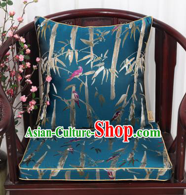 Chinese Classical Household Ornament Bamboo Pattern Blue Brocade Back Cushion Cover and Armchair Mat