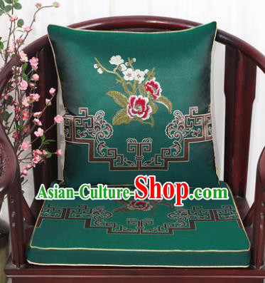 Chinese Classical Household Ornament Plum Blossom Peony Pattern Green Brocade Back Cushion Cover and Armchair Mat