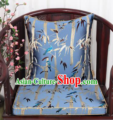 Chinese Classical Household Ornament Bamboo Pattern Light Blue Brocade Back Cushion Cover and Armchair Mat