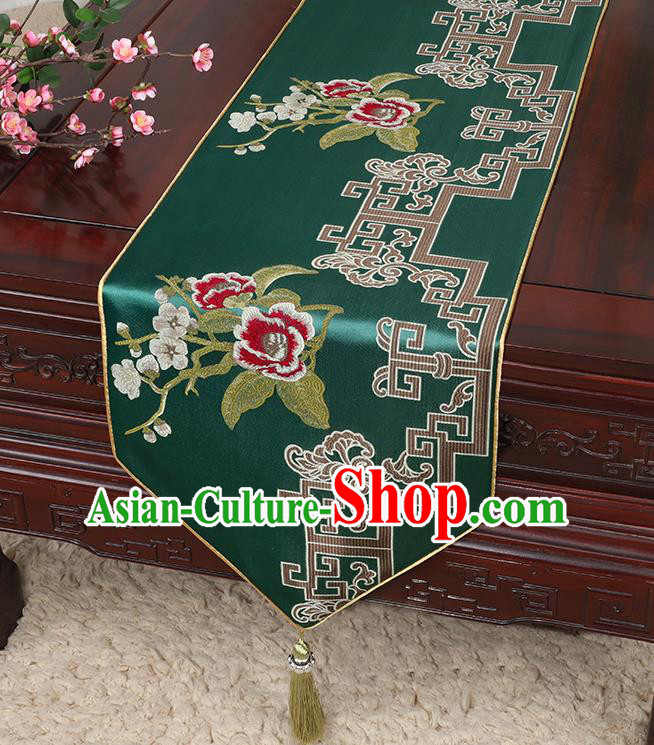 Chinese Classical Household Ornament Green Brocade Table Flag Traditional Handmade Embroidered Table Cloth