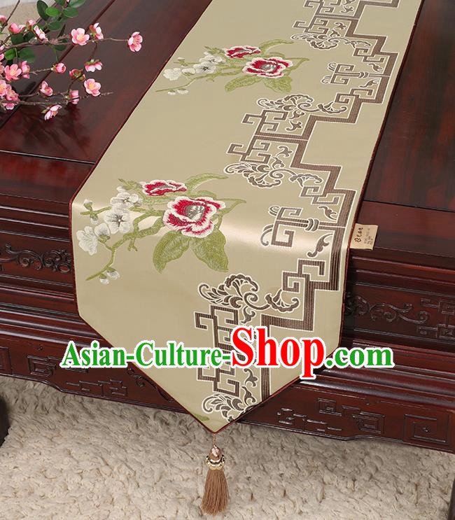 Chinese Classical Household Ornament Khaki Brocade Table Flag Traditional Handmade Embroidered Table Cloth