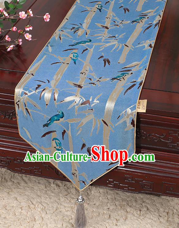 Chinese Classical Household Ornament Blue Brocade Table Flag Traditional Handmade Bamboo Pattern Table Cloth