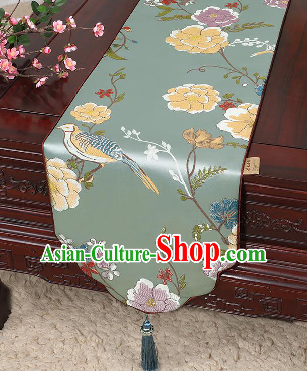 Chinese Classical Household Ornament Flowers and Bird Pattern Green Brocade Table Flag Traditional Handmade Table Cloth