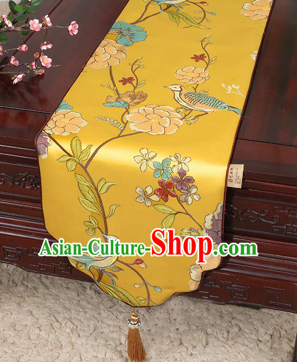 Chinese Classical Household Ornament Flowers and Bird Pattern Golden Brocade Table Flag Traditional Handmade Table Cloth