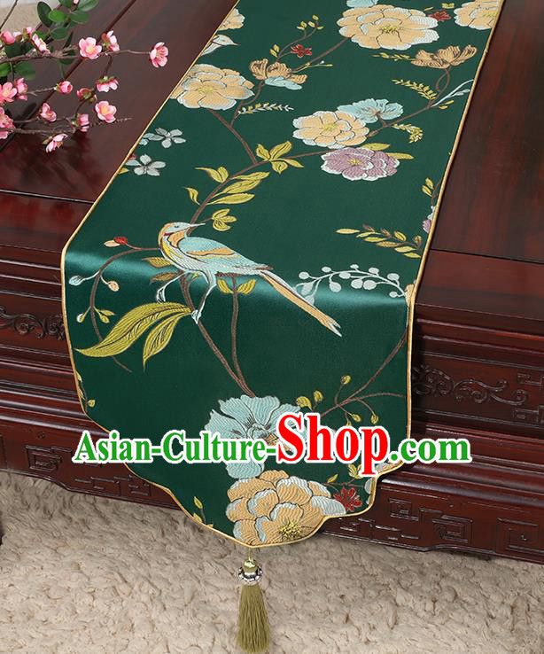 Chinese Classical Household Ornament Flowers and Bird Pattern Deep Green Brocade Table Flag Traditional Handmade Table Cloth