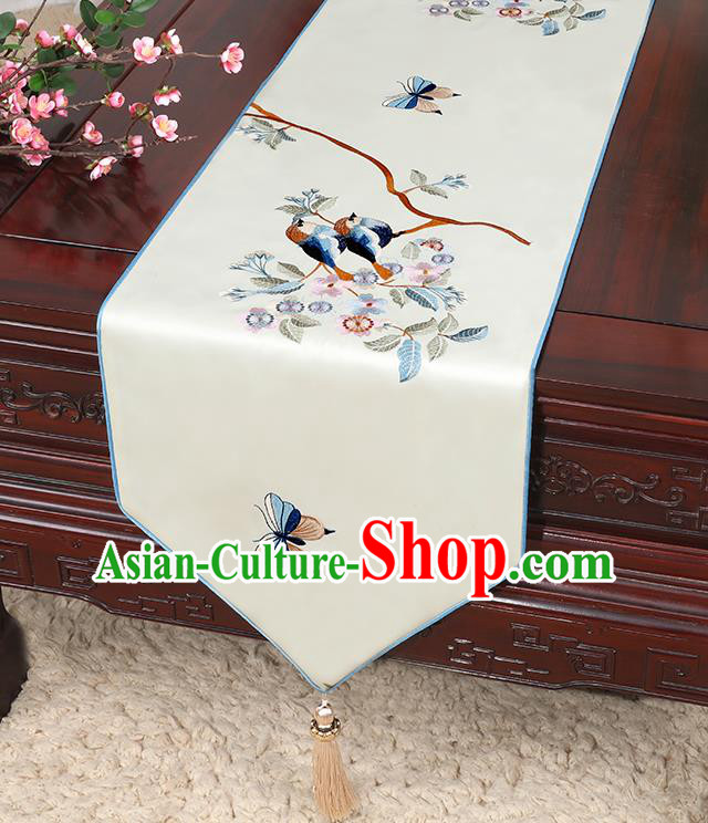 Chinese Classical Household Ornament Bird Pattern White Brocade Table Flag Traditional Handmade Table Cloth