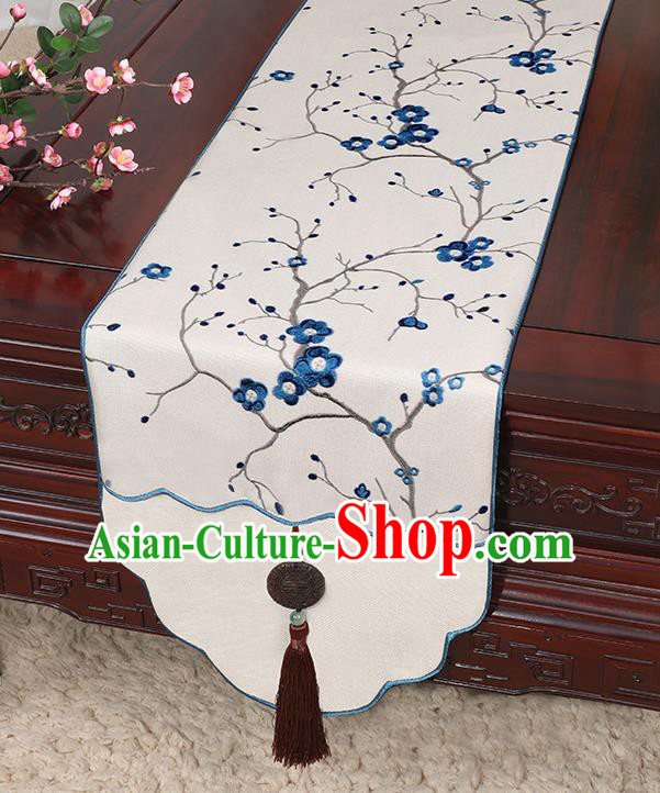 Chinese Classical Household Ornament Jade Pendant Blue Plum Blossom Pattern Brocade Table Flag Traditional Handmade Table Cover Cloth
