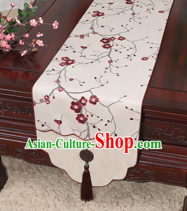 Chinese Classical Household Ornament Jade Pendant Red Plum Blossom Pattern Brocade Table Flag Traditional Handmade Table Cover Cloth