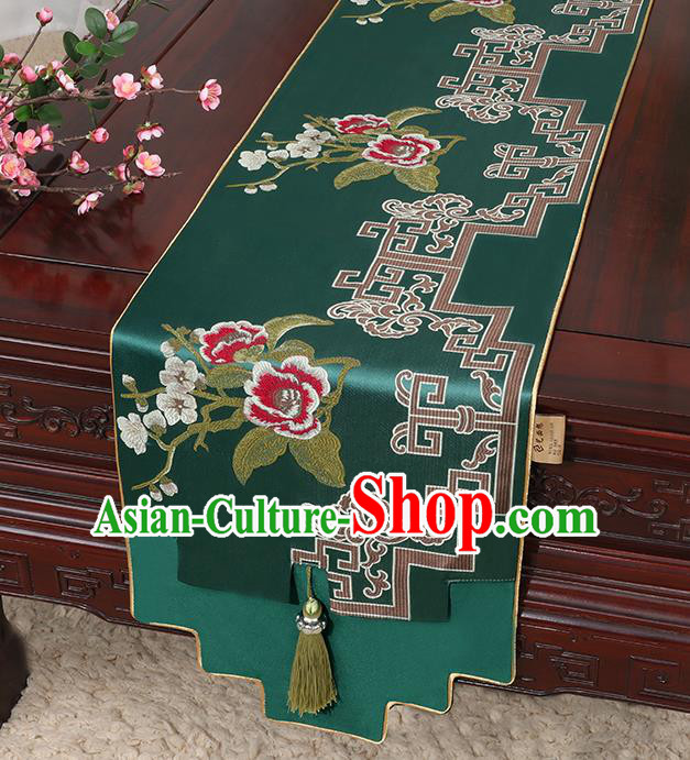 Chinese Classical Household Ornament Green Brocade Table Flag Traditional Handmade Jade Pendant Table Cover Cloth