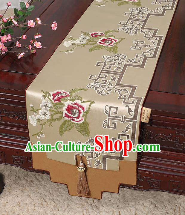 Chinese Classical Household Ornament Khaki Brocade Table Flag Traditional Handmade Jade Pendant Table Cover Cloth