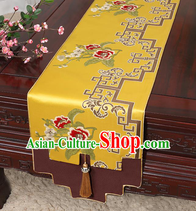 Chinese Classical Household Ornament Golden Brocade Table Flag Traditional Handmade Jade Pendant Table Cover Cloth