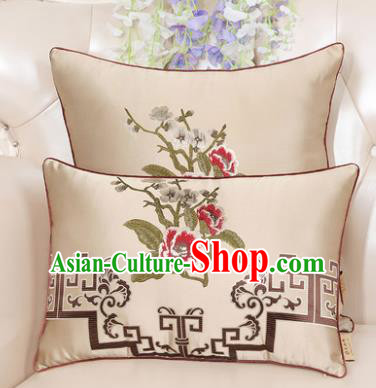 Chinese Classical Household Ornament Embroidered Peony Beige Brocade Back Cushion Traditional Handmade Waist Pillow