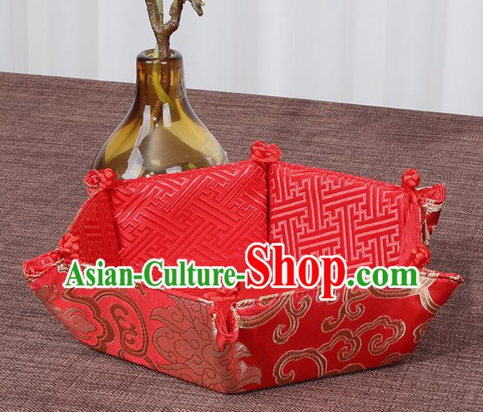 Chinese Traditional Household Accessories Classical Lotus Pattern Red Brocade Storage Box Candy Tray