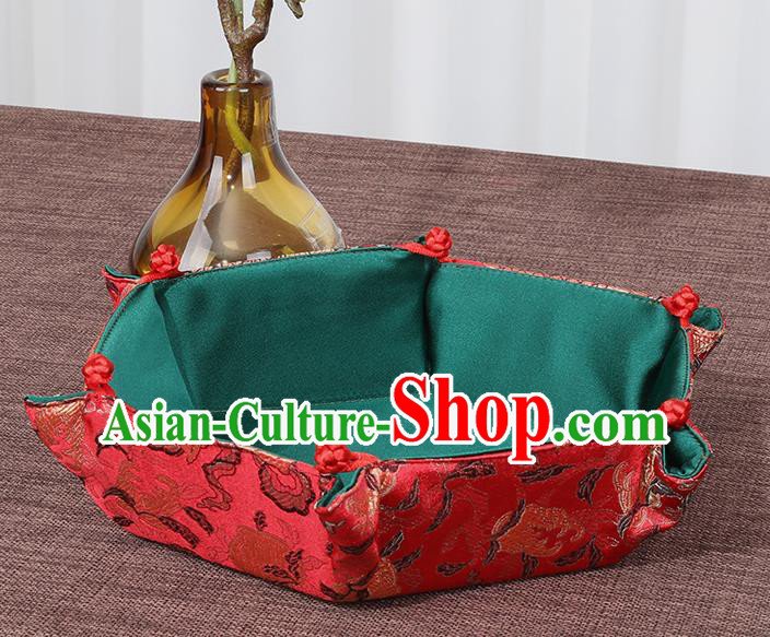 Chinese Traditional Household Accessories Classical Flowers Pattern Red Brocade Storage Box Candy Tray