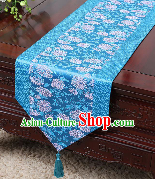 Chinese Traditional Table Cloth Classical Handmade Household Ornament Chrysanthemum Pattern Blue Brocade Table Flag