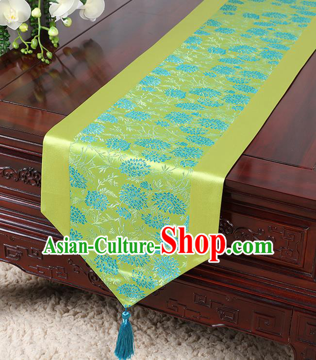 Chinese Traditional Table Cloth Classical Handmade Household Ornament Chrysanthemum Pattern Green Brocade Table Flag