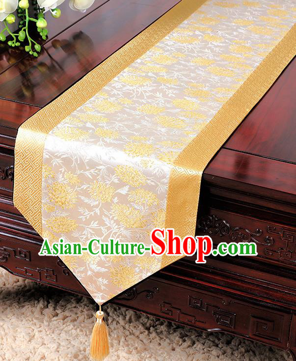 Chinese Traditional Table Cloth Classical Handmade Household Ornament Chrysanthemum Pattern Golden Brocade Table Flag