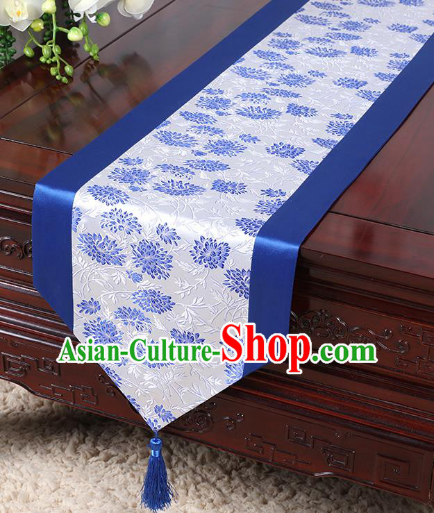 Chinese Traditional Table Cloth Classical Handmade Household Ornament Chrysanthemum Pattern Royalblue Brocade Table Flag