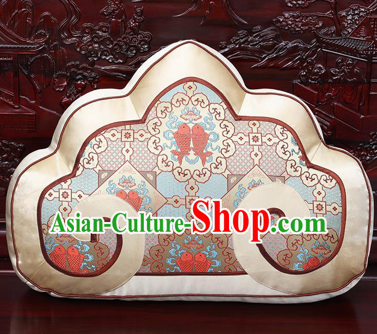Chinese Traditional Arhat Bed Beige Brocade Back Cushion Cover Classical Household Ornament