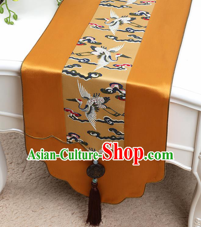 Chinese Traditional Golden Brocade Table Cloth Classical Embroidered Cranes Pattern Household Ornament Table Flag