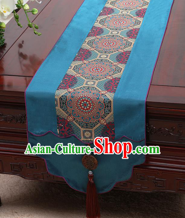 Chinese Traditional Blue Brocade Table Cloth Classical Pattern Household Ornament Table Flag